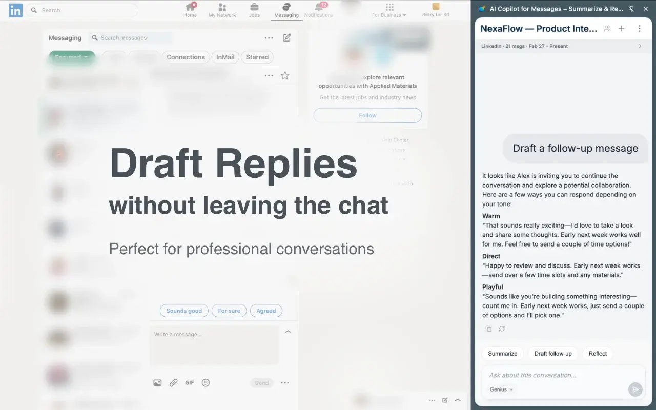 ChatVibes side panel open in LinkedIn Messaging