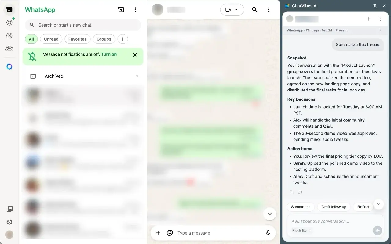 ChatVibes side panel open next to WhatsApp Web: blurred chat thread on the left, crisp AI panel on the right with tone suggestions and draft reply.
